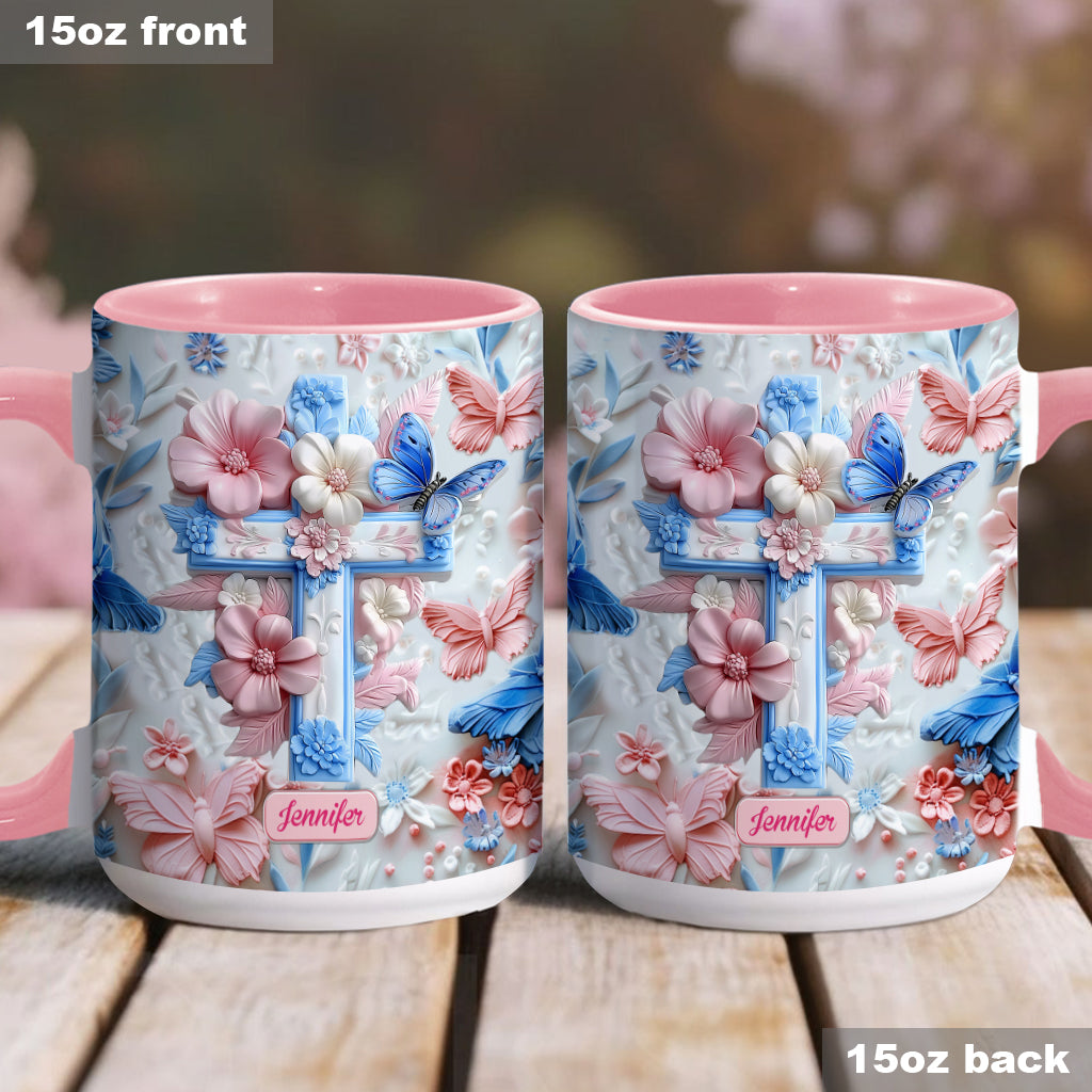 Glaube an rosa und blaue Schmetterlinge - Personalisierte Tasse mit christlichem Akzent