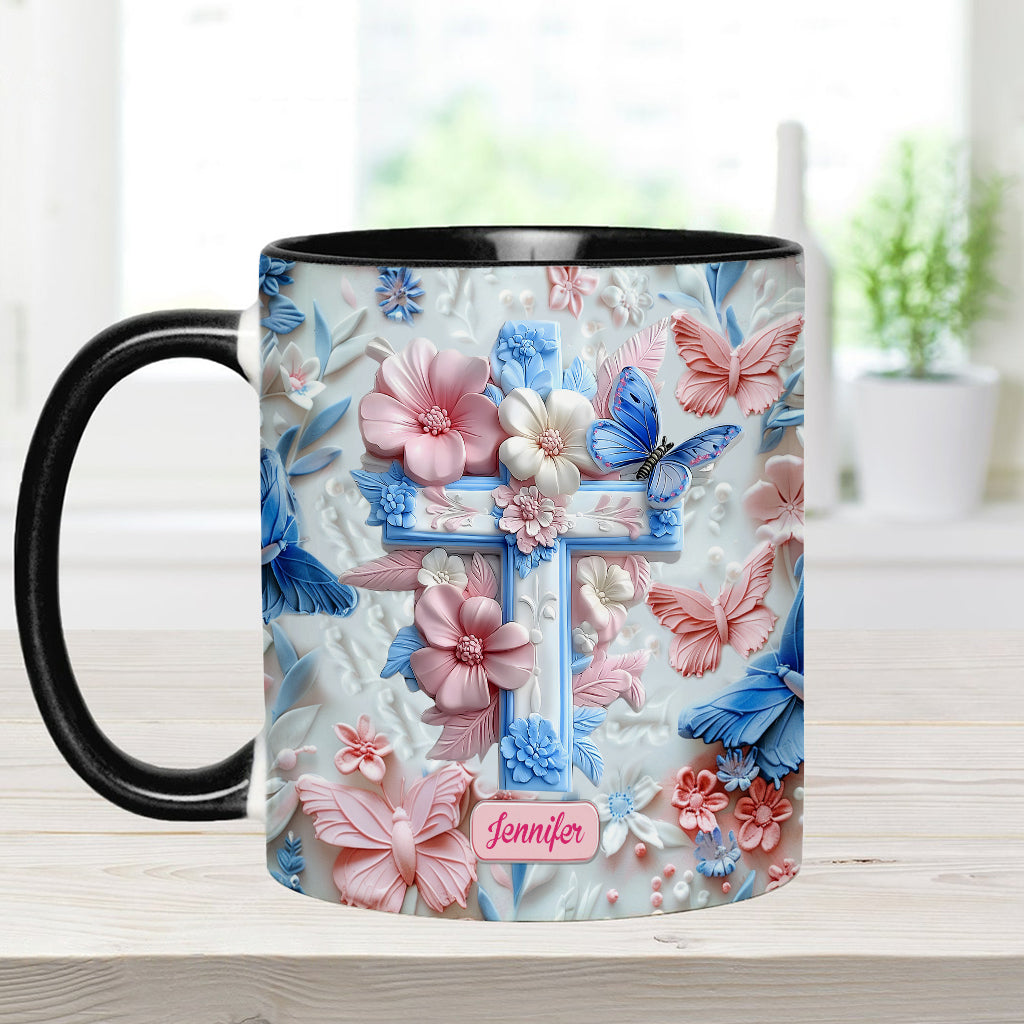 Glaube an rosa und blaue Schmetterlinge - Personalisierte Tasse mit christlichem Akzent