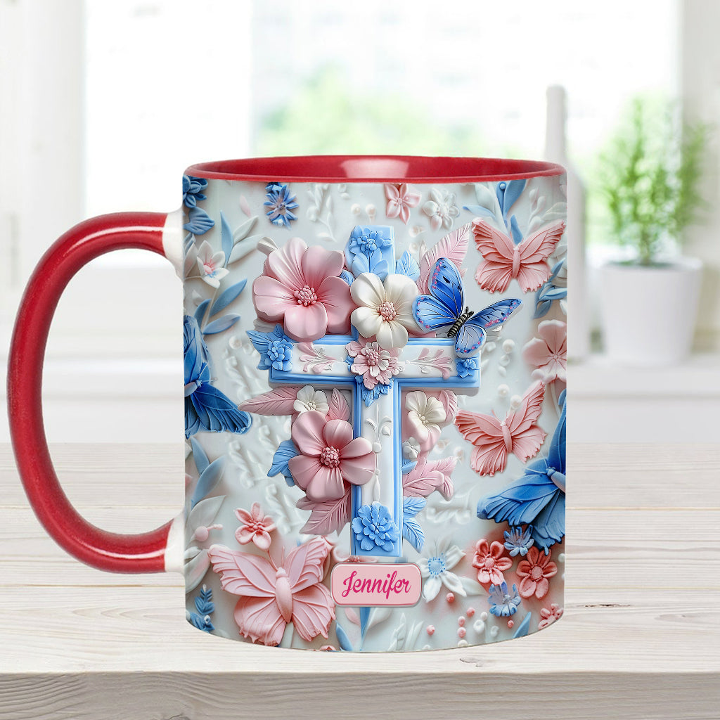 Glaube an rosa und blaue Schmetterlinge - Personalisierte Tasse mit christlichem Akzent
