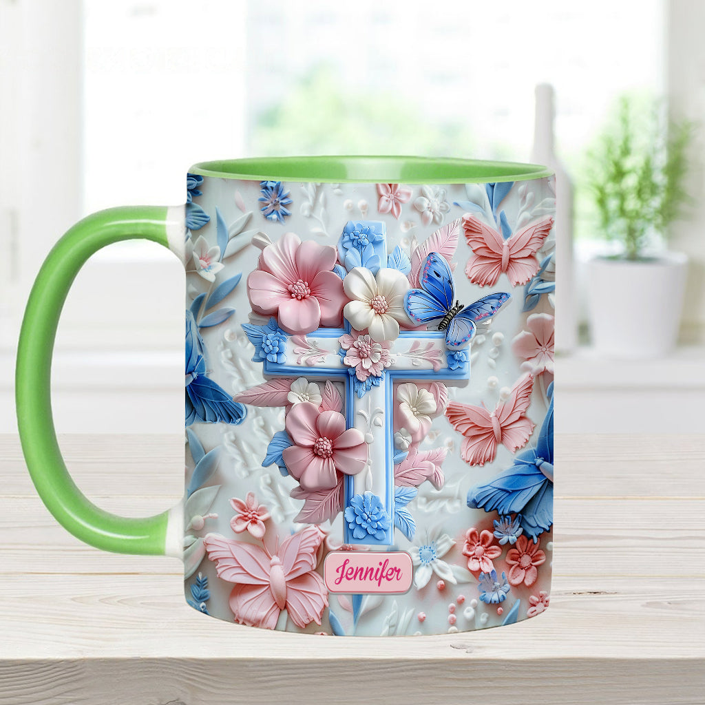 Glaube an rosa und blaue Schmetterlinge - Personalisierte Tasse mit christlichem Akzent