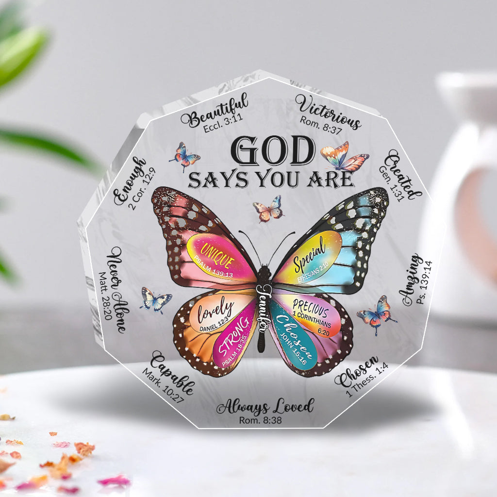 Gott sagt, du bist es – Personalisierte christliche Acrylplakette in individueller Form