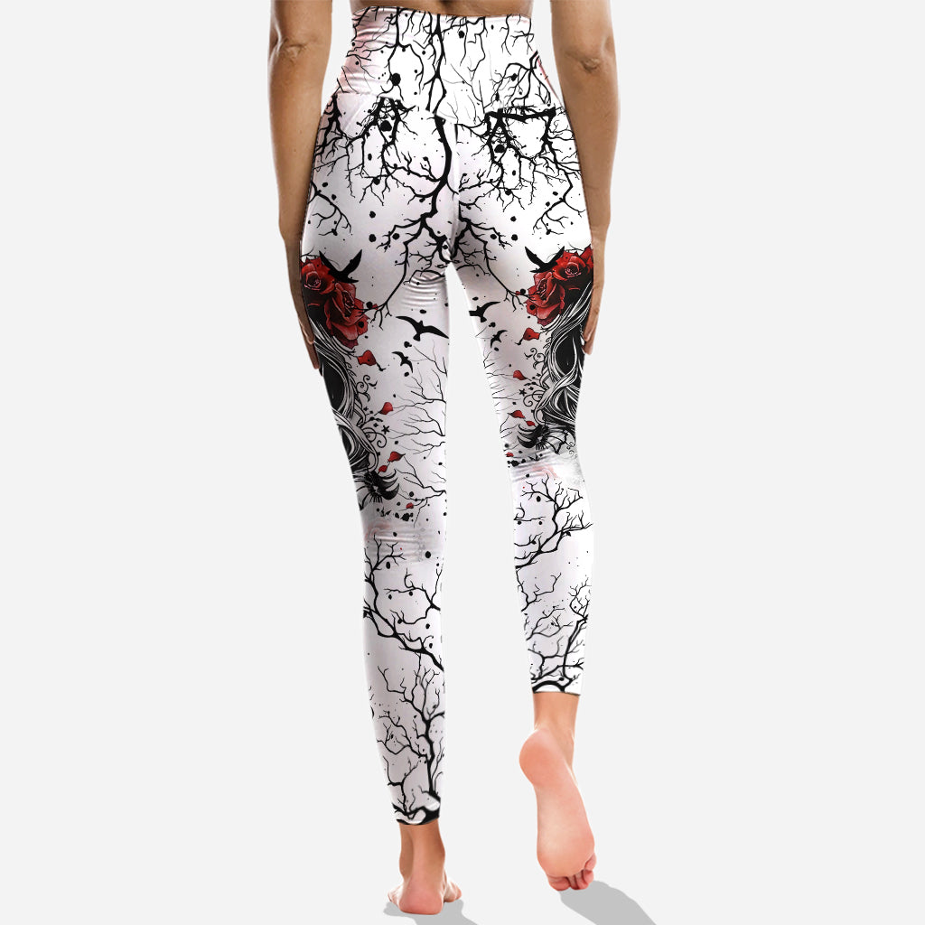 Skull And Red Roses - Personalized Skull Hoodie and Leggings