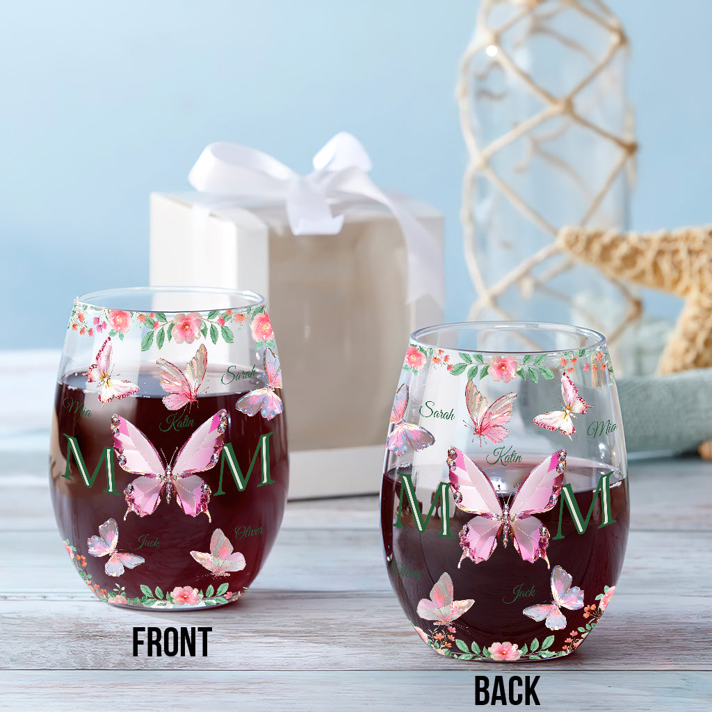 Schmetterlinge für Mama und Kinder – personalisiertes Weinglas mit Muttermotiv