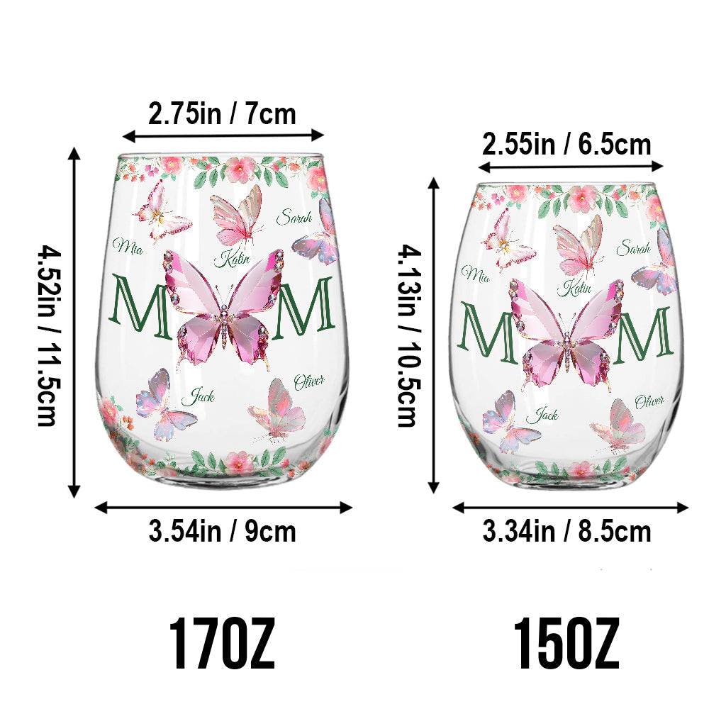 Schmetterlinge für Mama und Kinder – personalisiertes Weinglas mit Muttermotiv