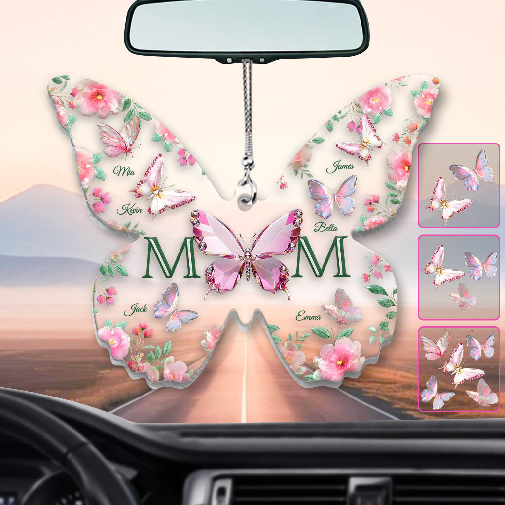 Schmetterlinge mit Mama und Kindern – Personalisierter transparenter Autoanhänger für die Mutter
