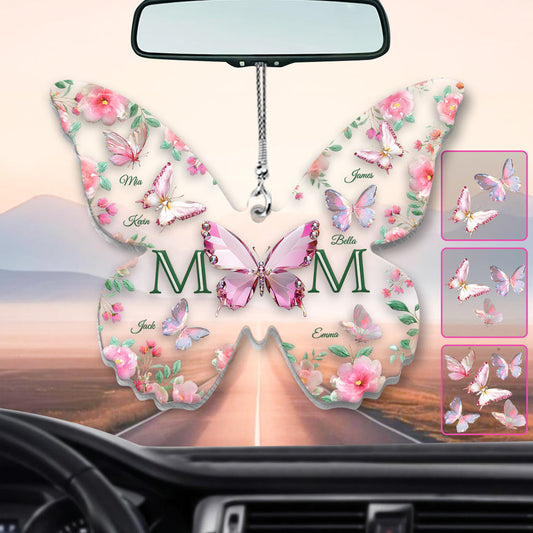 Schmetterlinge mit Mama und Kindern – Personalisierter transparenter Autoanhänger für die Mutter