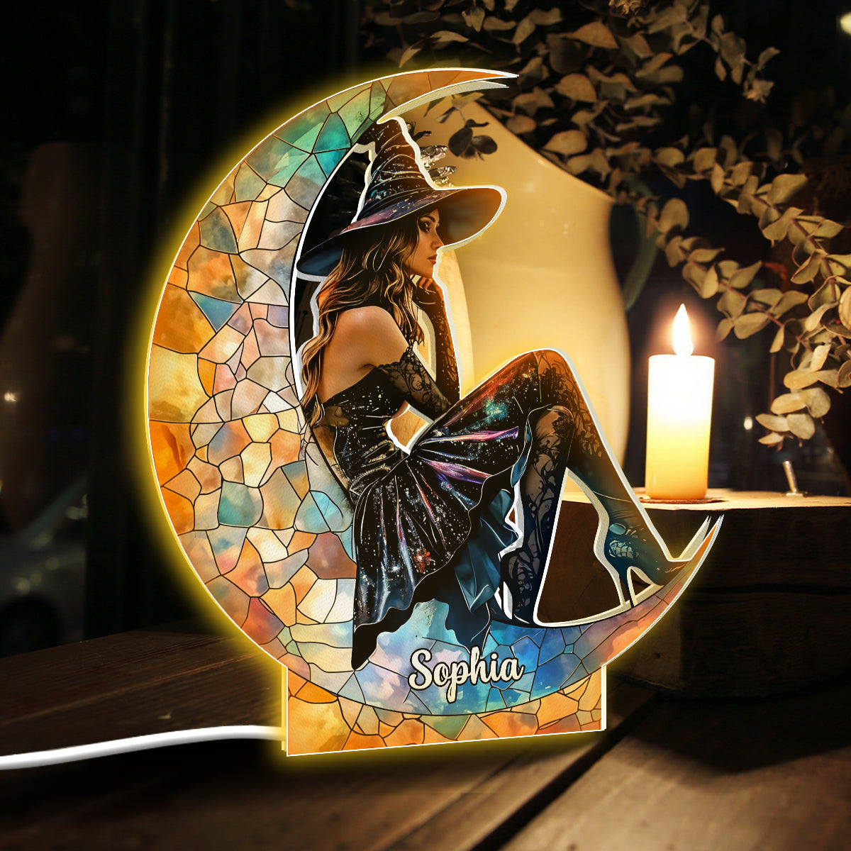 Auf dem Mond – Personalisierte Leuchtbox in Hexenform