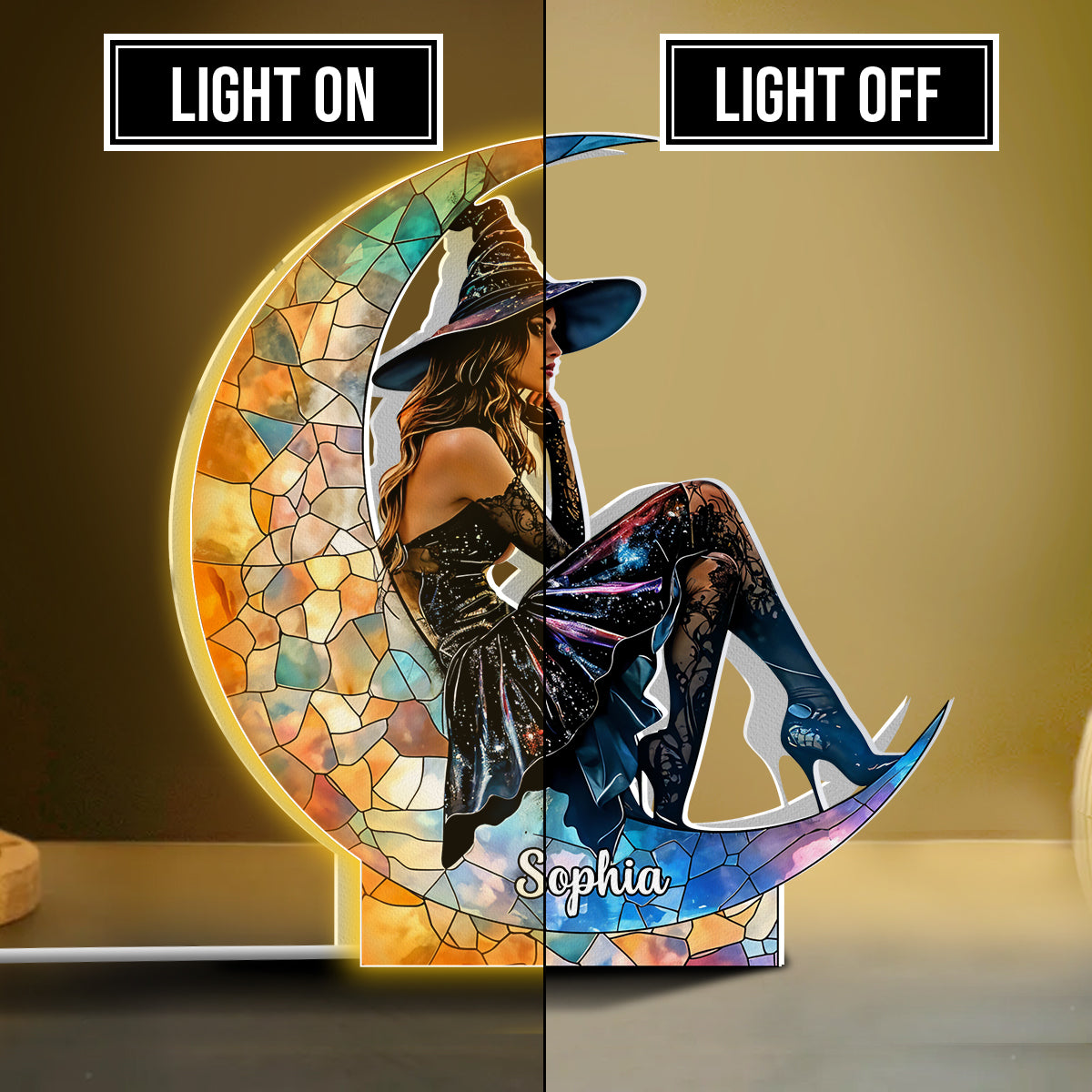 Auf dem Mond – Personalisierte Leuchtbox in Hexenform