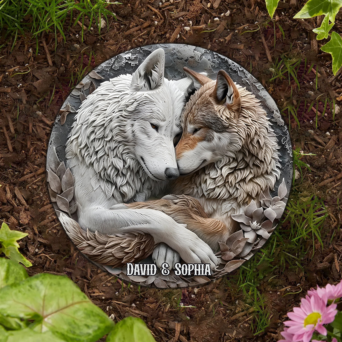 Wolfspaar – Personalisierter runder Wolfsstein