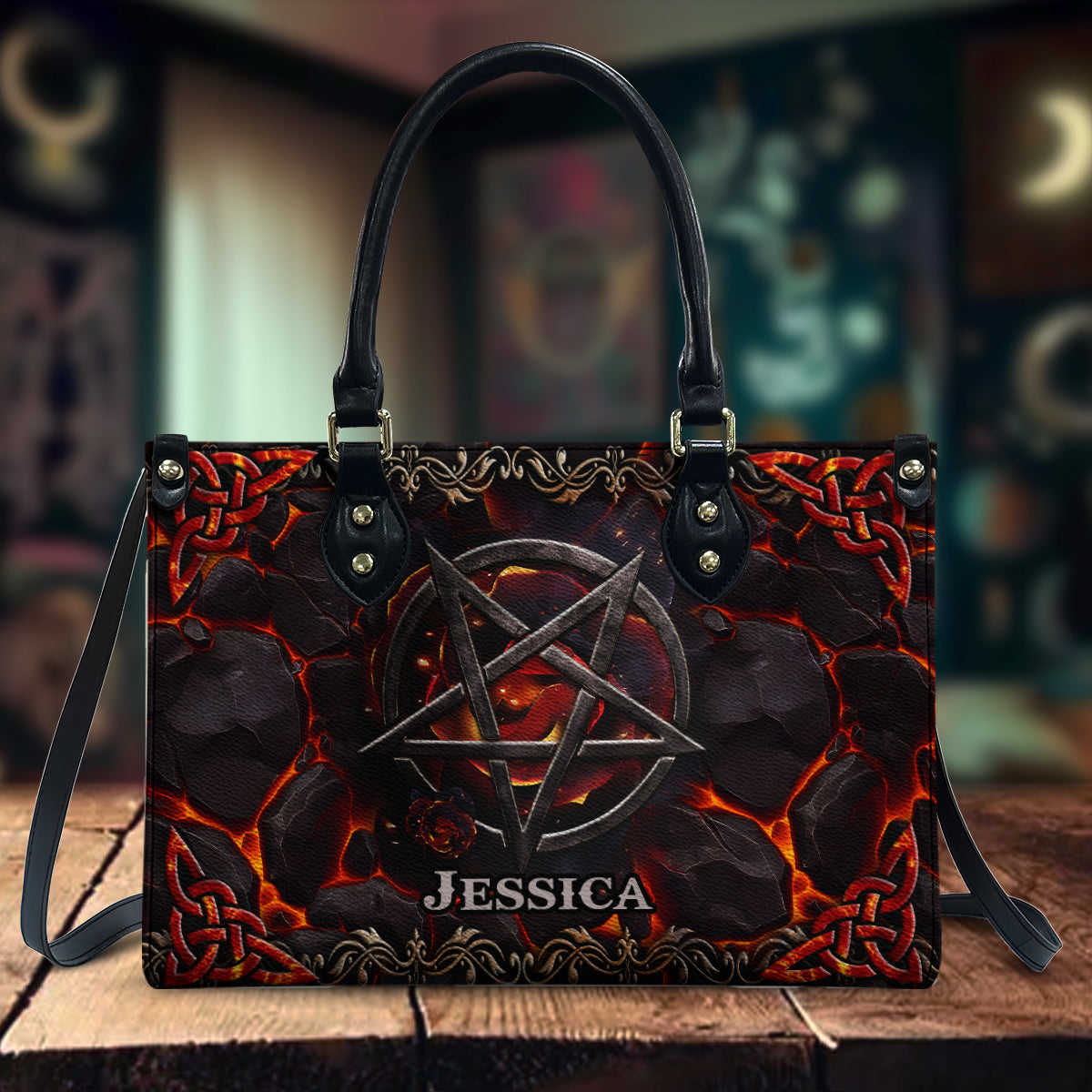 Vulkanisches Pentagramm – Personalisierte Hexen-Lederhandtasche