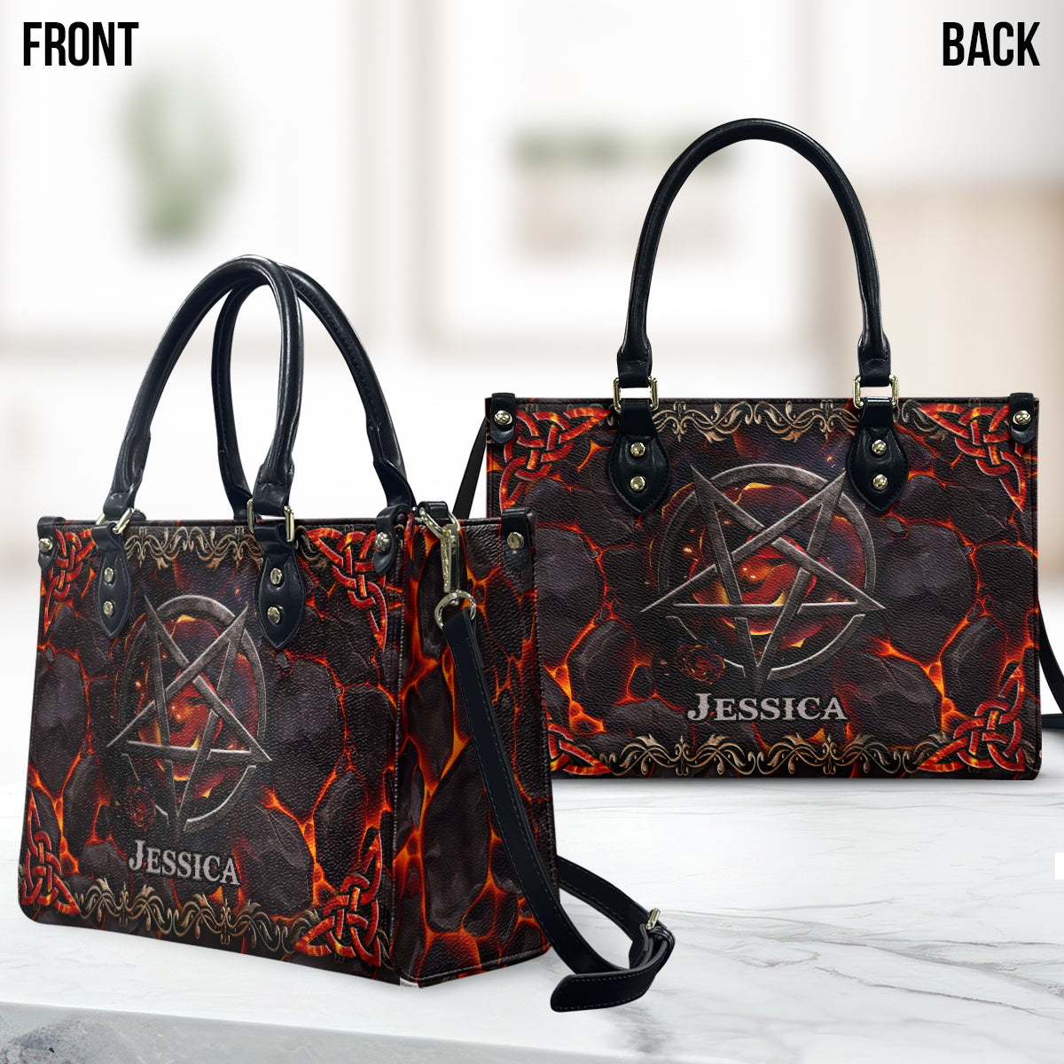 Vulkanisches Pentagramm – Personalisierte Hexen-Lederhandtasche