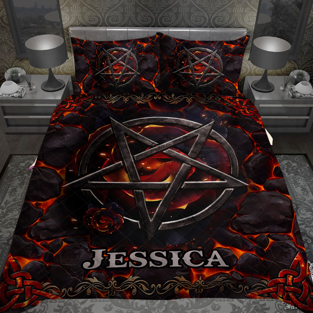 Vulkanisches Pentagramm – Personalisiertes Hexen-Quilt-Set