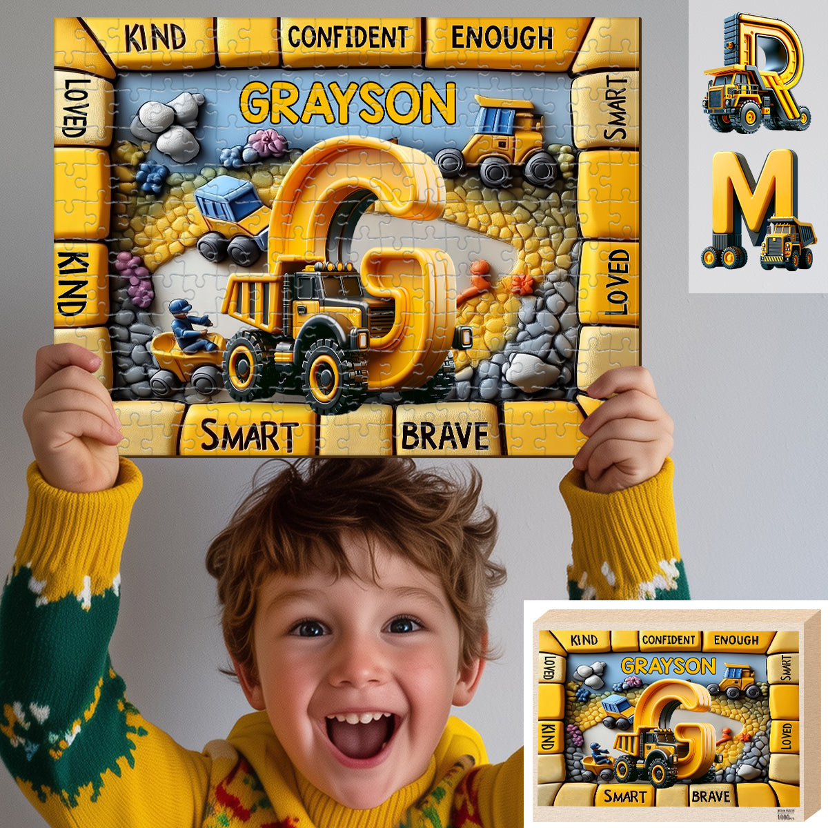 Briefgeschenk mit Baustellenfahrzeugmotiven für Enkelkinder – personalisiertes Kinderpuzzle