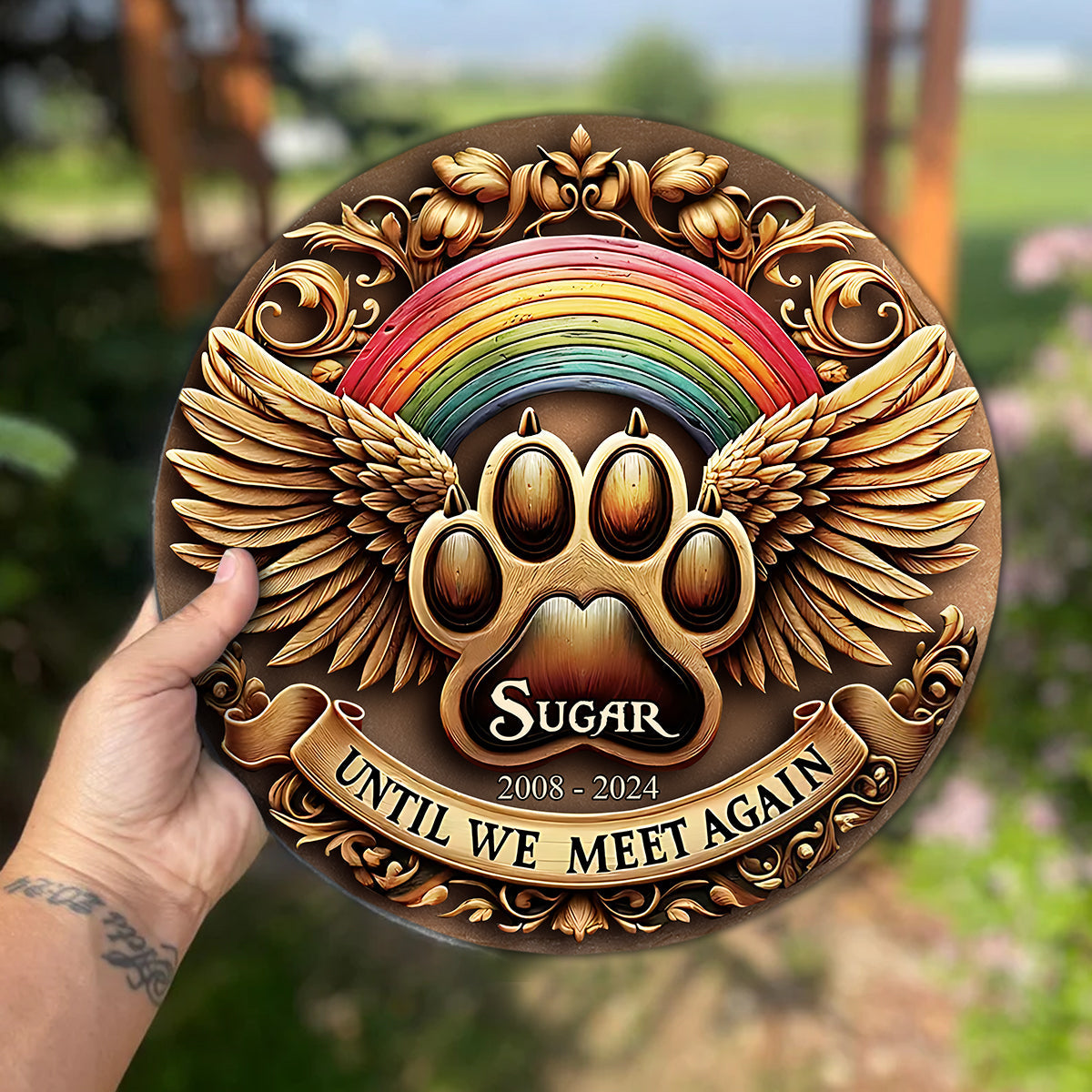 Bis wir uns wiedersehen – personalisierter runder Stein in Hundeform