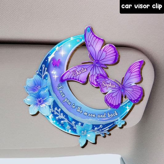 Love you to the moon and back - Personalized Couple Shaped Car Visor Clip
