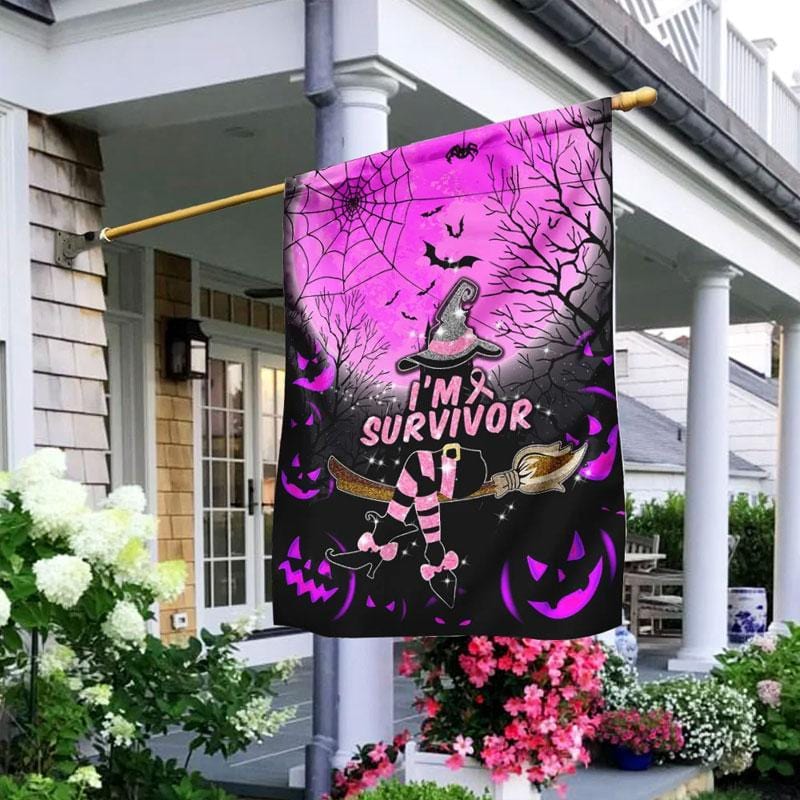 Ich bin Survivor Halloween Kürbishexe - Hausflagge zur Sensibilisierung für Brustkrebs 0822
