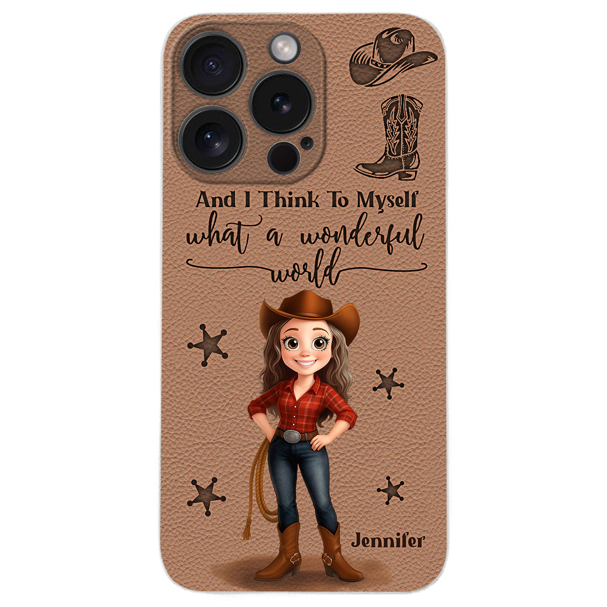 Cowgirl What A Wonderful World - Personalisierte Cowgirl-Handyhülle aus Leder