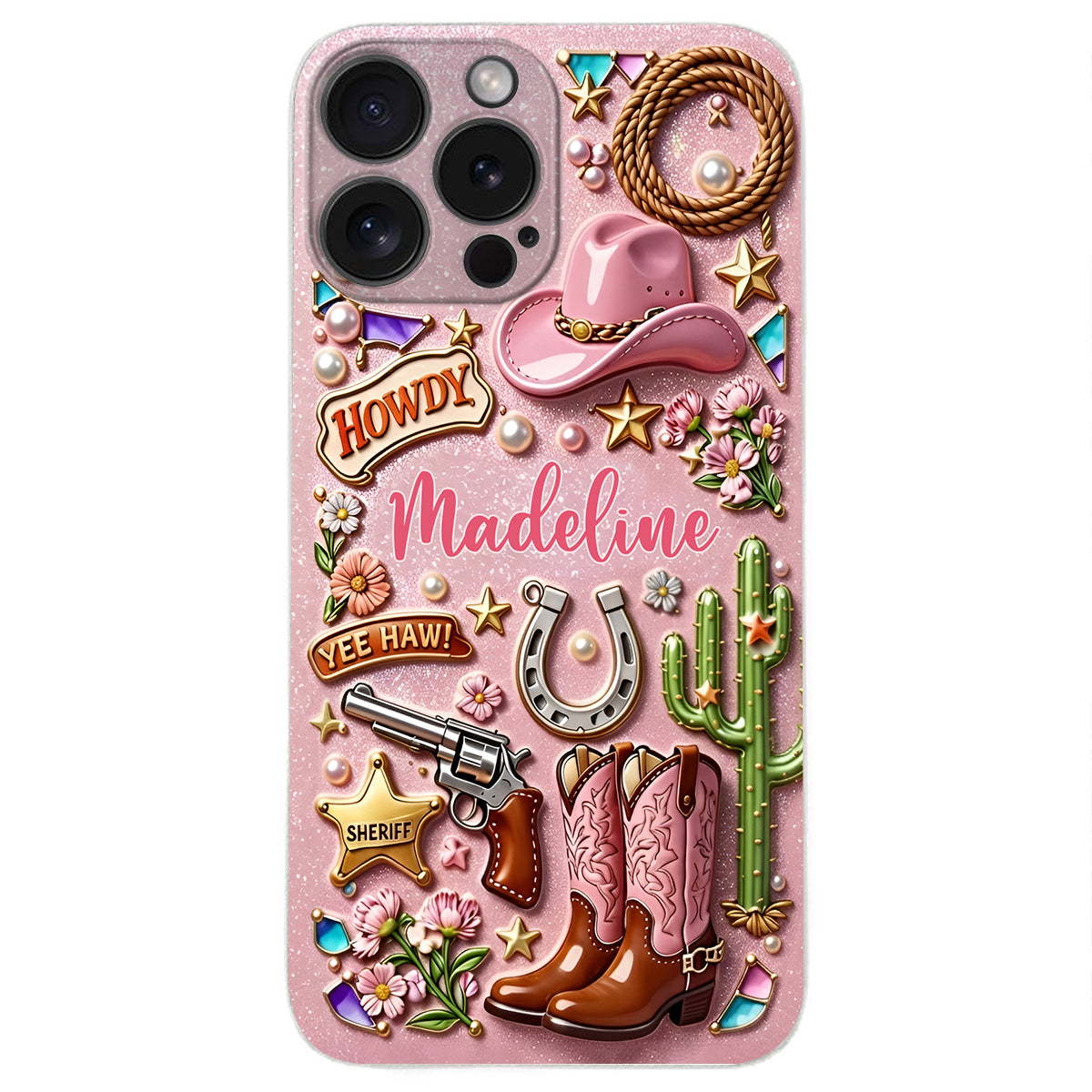 Cowgirl Gift, Whimsical Wild West Western - Personalized Cowgirl 3D Embossed Leather Phone Case