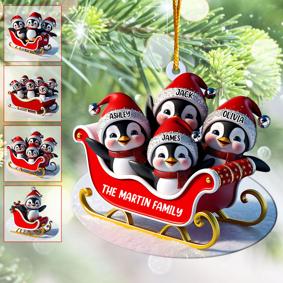 Pinguin-Familien-Schlitten – Personalisierter transparenter Familienschmuck