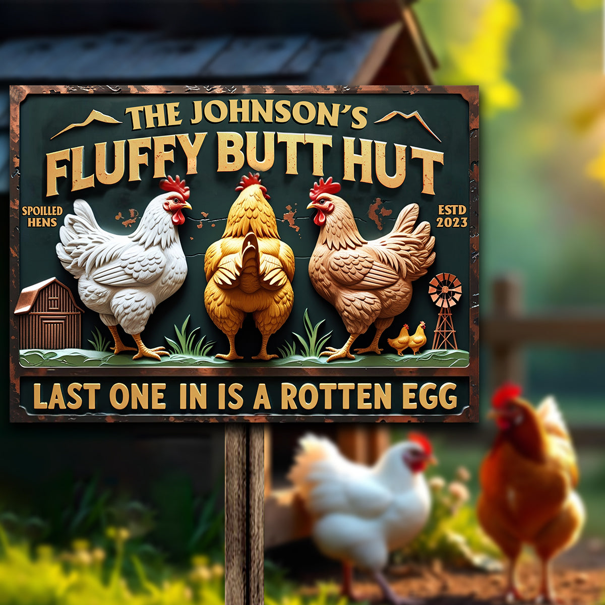 Fluffy Butt Hütte – Personalisiertes rechteckiges Metallschild mit Hühnermotiv
