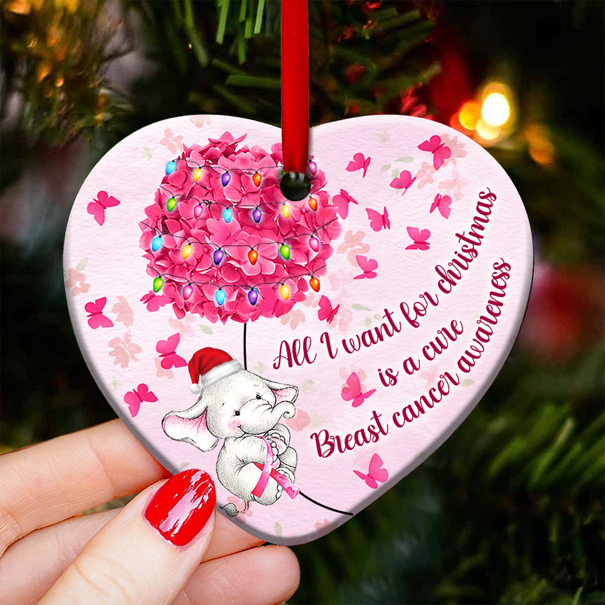 Elefant „Alles, was ich mir zu Weihnachten wünsche, ist eine Heilung für Brustkrebs“ – Weihnachtsschmuck zur Sensibilisierung für Brustkrebs (beidseitig bedruckt) 1122