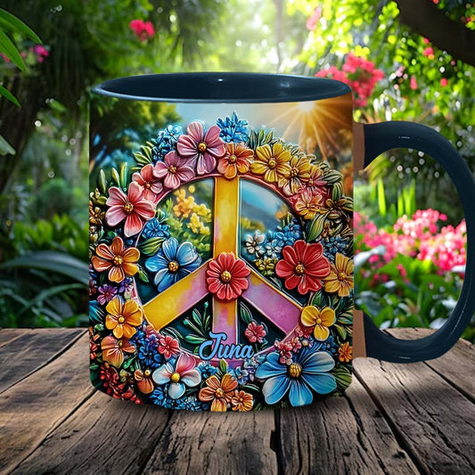 Personalisierte Tasse mit Blumen-Friedenszeichen und Hippie-Akzent