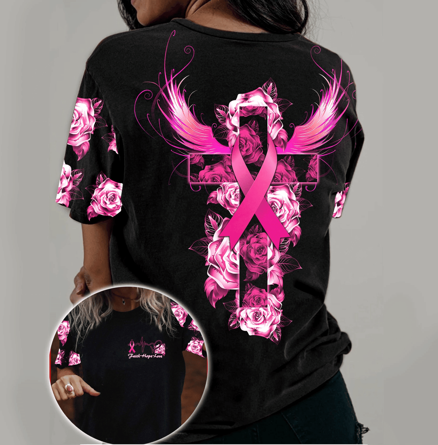 Brustkrebs Rosenkreuz Flügel Glaube - T-Shirt und Hoodie zur Sensibilisierung für Brustkrebs 0822