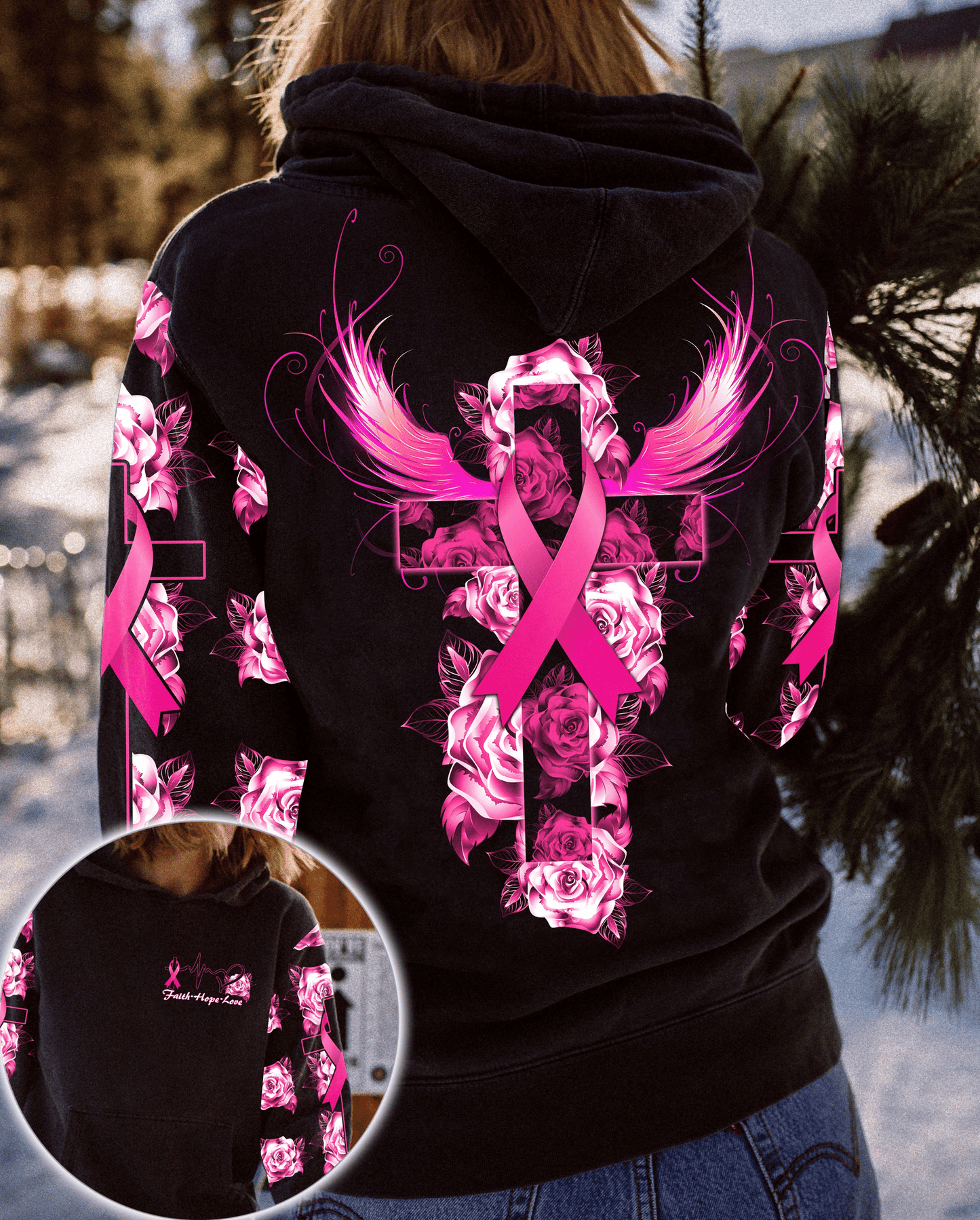 Brustkrebs Rosenkreuz Flügel Glaube - T-Shirt und Hoodie zur Sensibilisierung für Brustkrebs 0822