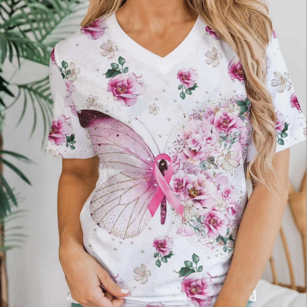 Schmetterlings- und Blumenmotiv Brustkrebs – T-Shirt und Hoodie zur Sensibilisierung für Brustkrebs (0822)