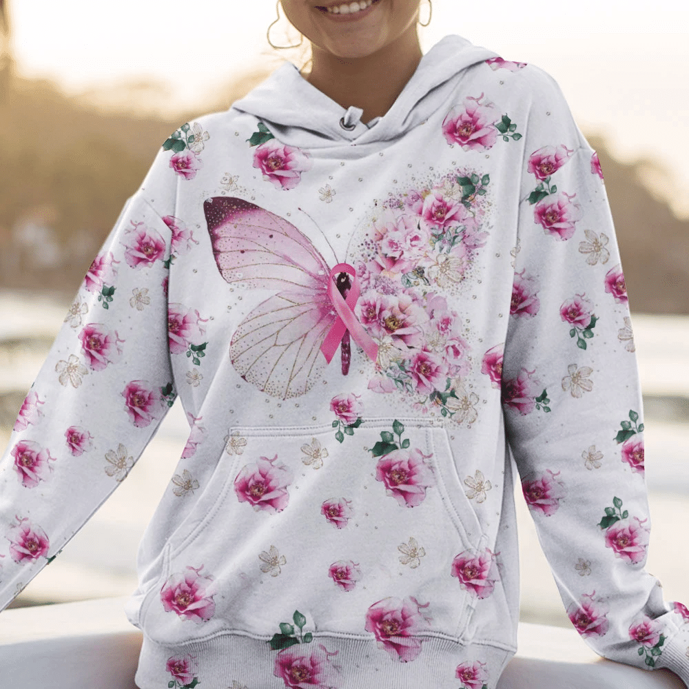 Schmetterlings- und Blumenmotiv Brustkrebs – T-Shirt und Hoodie zur Sensibilisierung für Brustkrebs (0822)