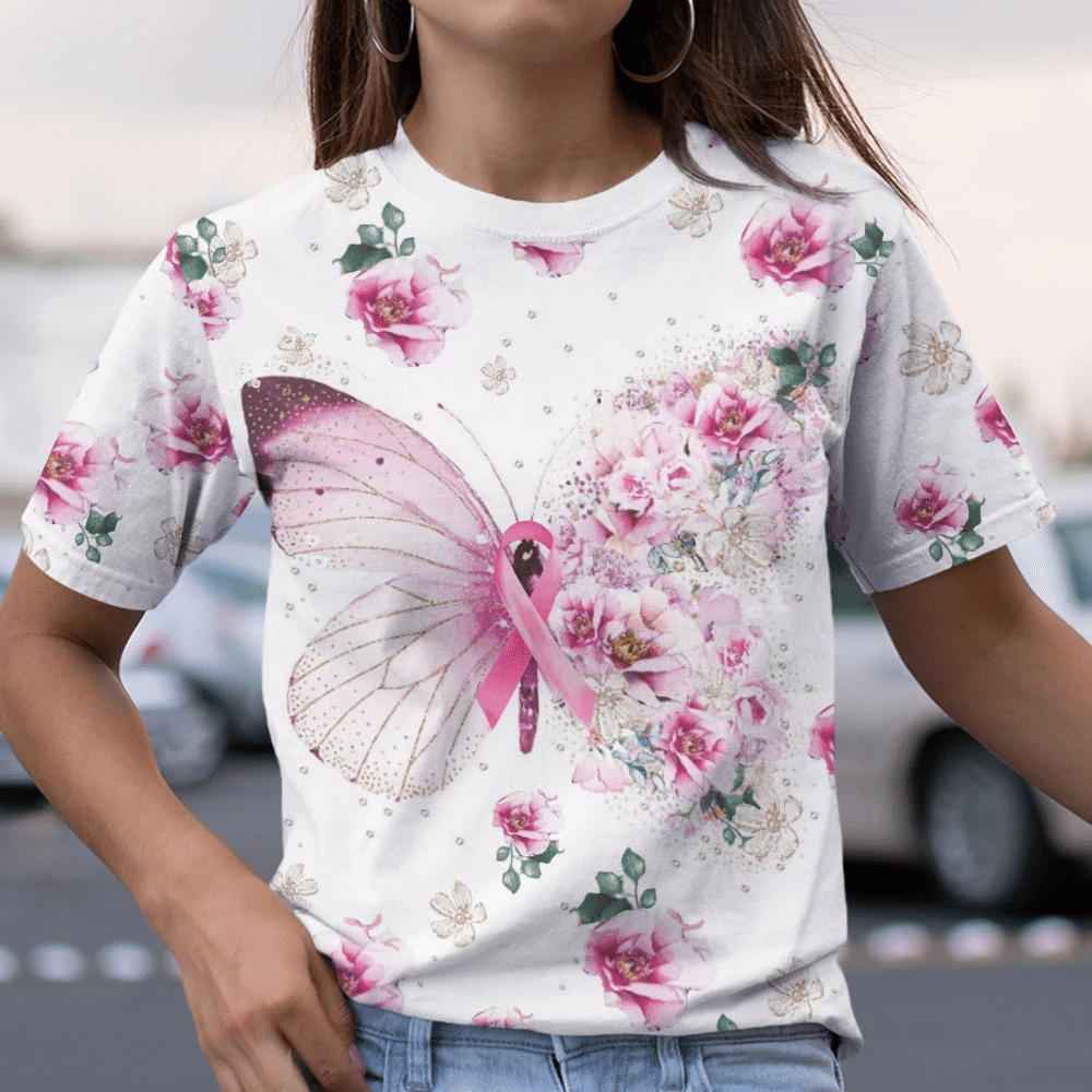 Schmetterlings- und Blumenmotiv Brustkrebs – T-Shirt und Hoodie zur Sensibilisierung für Brustkrebs (0822)