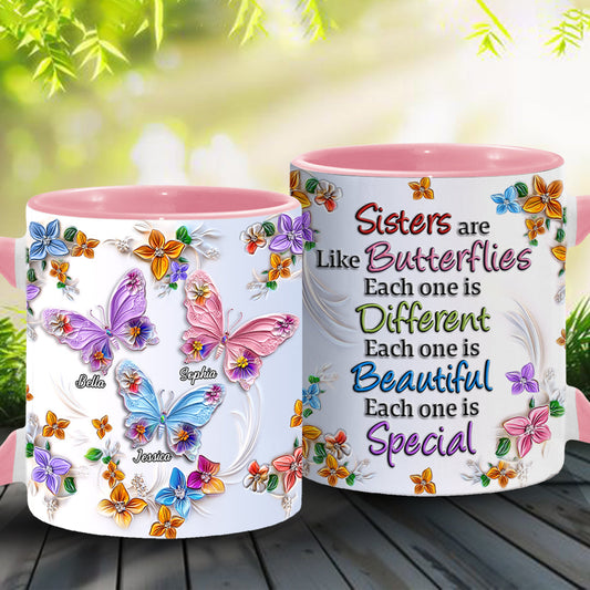 Schwestern sind wie Schmetterlinge – Personalisierte Tasse mit dem Aufdruck „Beste Freundin“