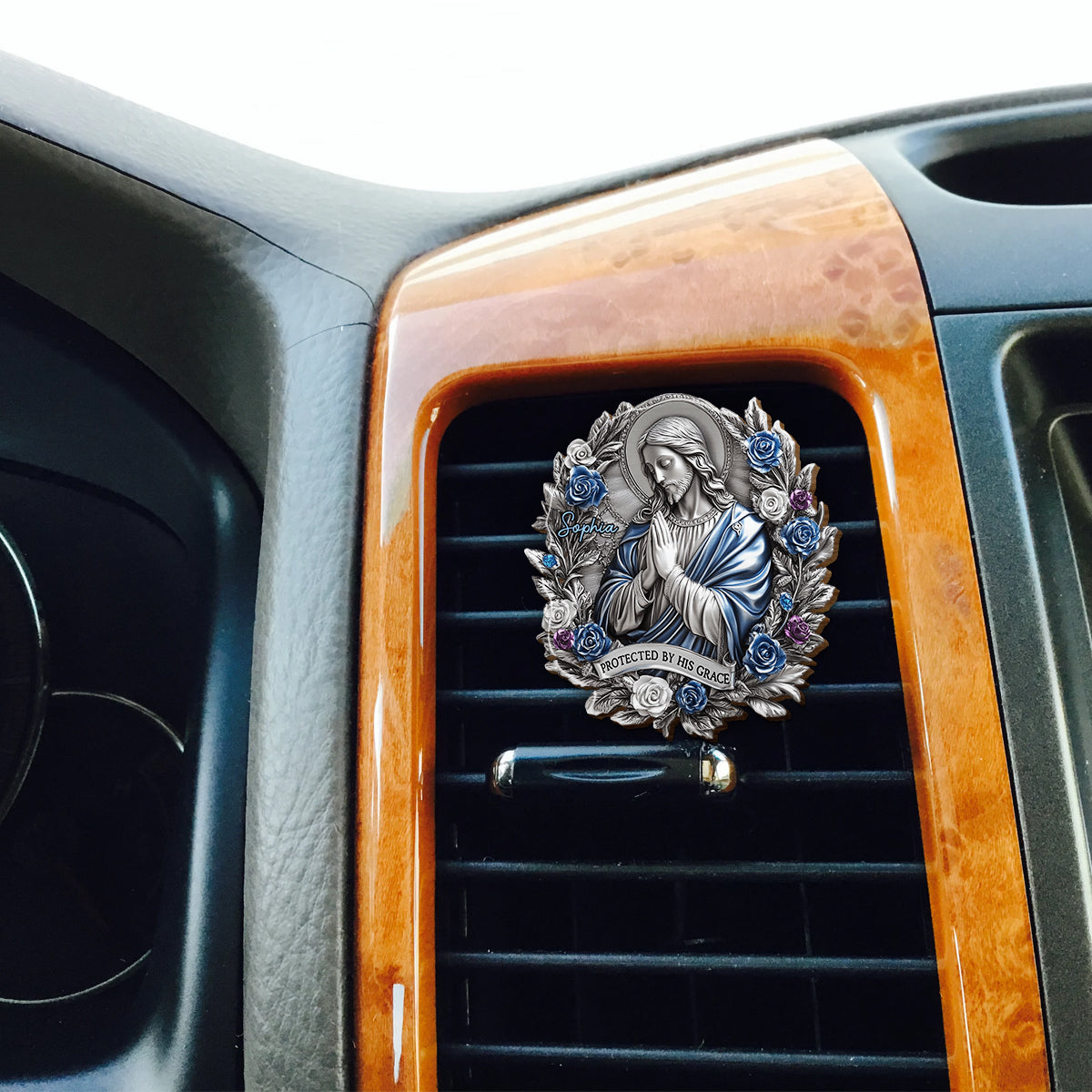 Geschützt durch seine Gnade – Personalisierter, christlich geformter Auto-Sonnenblendenclip