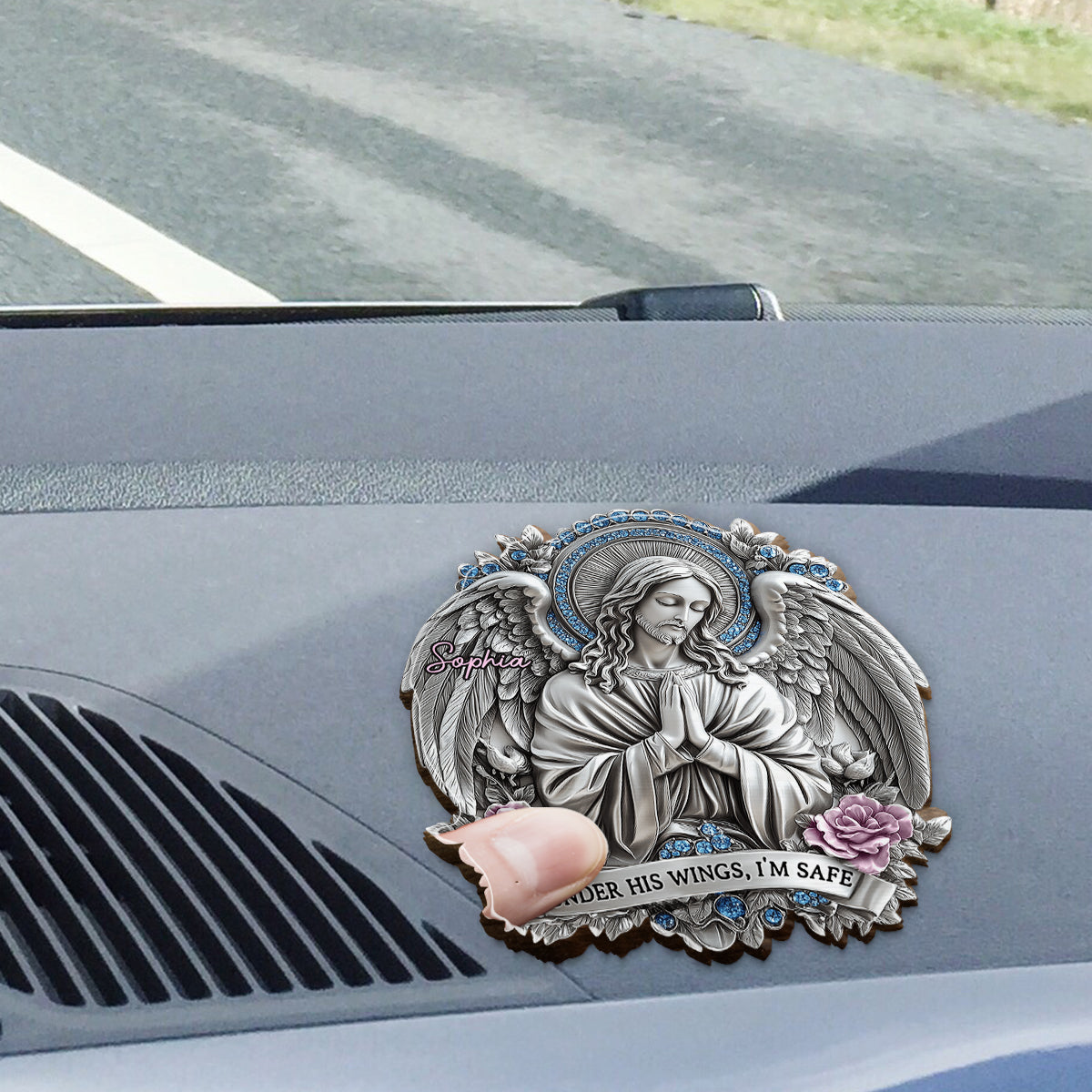 Under His Wings, I'm Safe - Personalized Christian Shaped Car Visor Clip