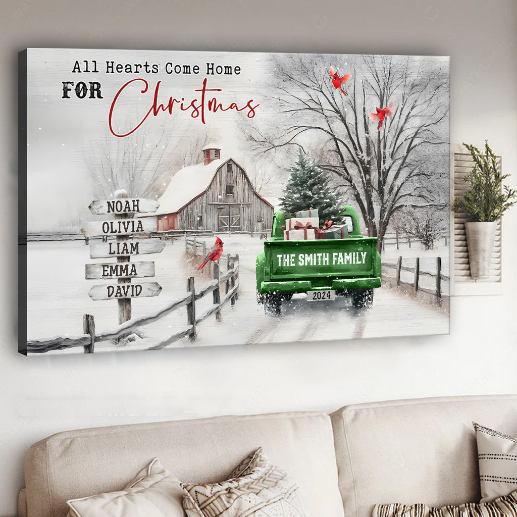 Alle Herzen kommen zu Weihnachten nach Hause – Personalisierte Familienleinwand und Poster