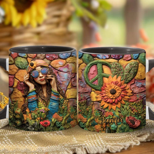 Hippie-Mädchen, Hippie-Seele, Frieden, Liebe – Personalisierte Tasse mit Hippie-Akzent