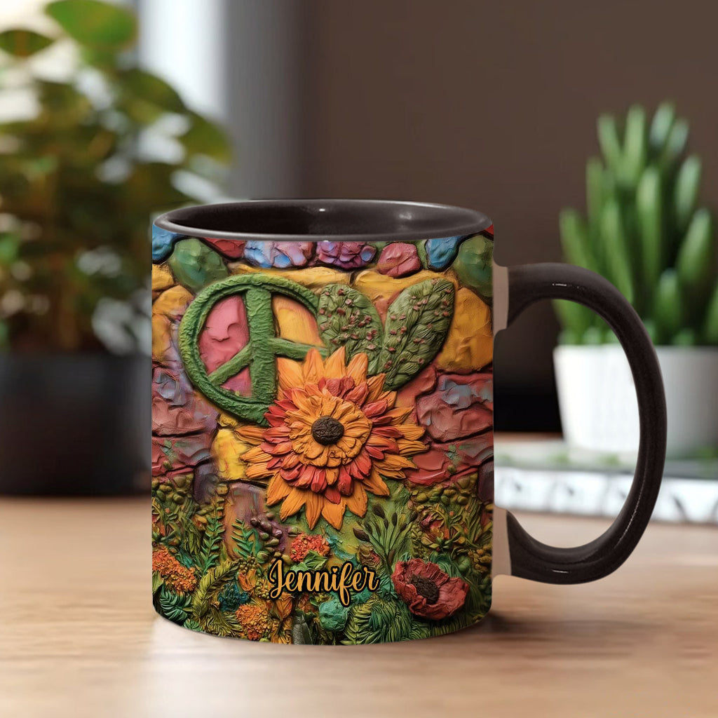 Hippie-Mädchen, Hippie-Seele, Frieden, Liebe – Personalisierte Tasse mit Hippie-Akzent