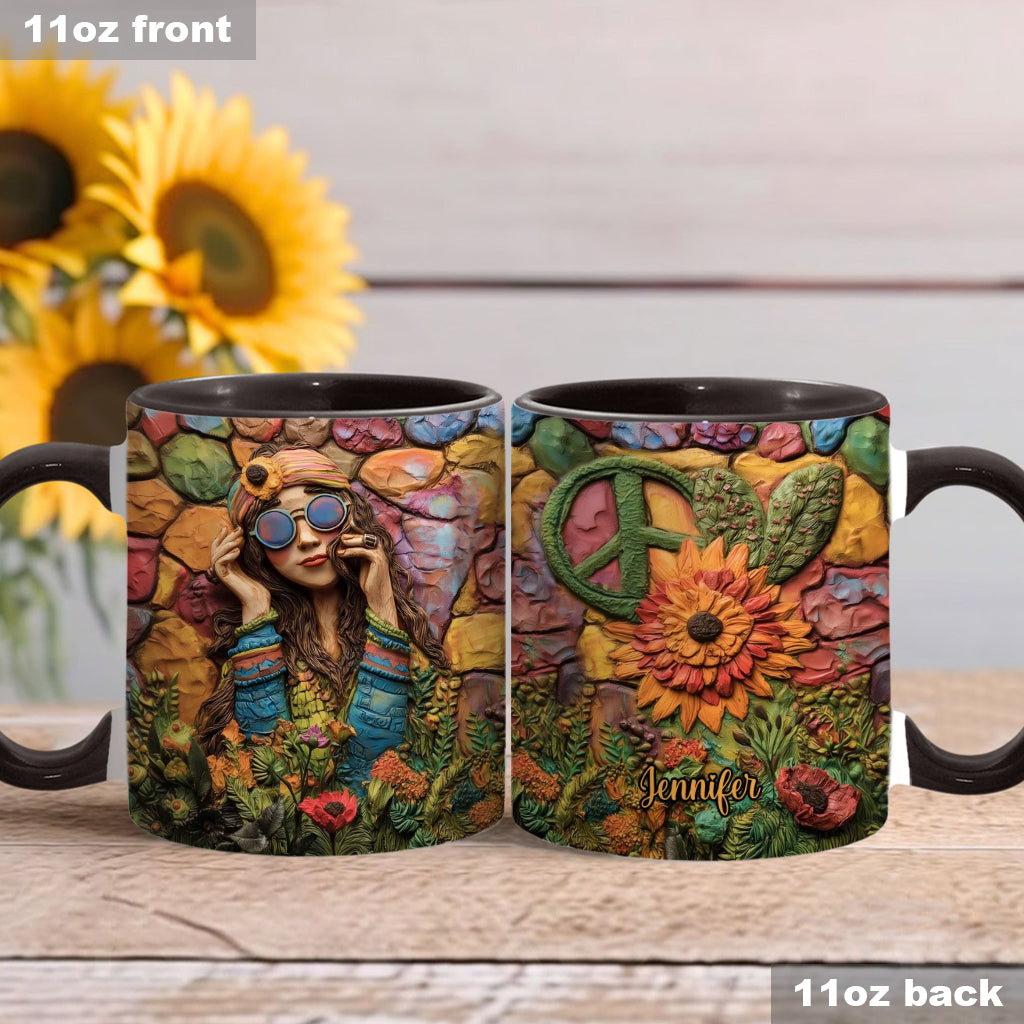 Hippie-Mädchen, Hippie-Seele, Frieden, Liebe – Personalisierte Tasse mit Hippie-Akzent