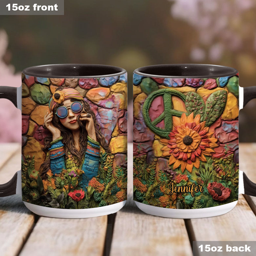 Hippie-Mädchen, Hippie-Seele, Frieden, Liebe – Personalisierte Tasse mit Hippie-Akzent