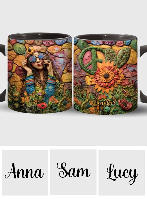 Hippie-Mädchen, Hippie-Seele, Frieden, Liebe – Personalisierte Tasse mit Hippie-Akzent