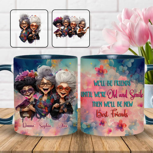 Wir bleiben Freunde bis ins hohe Alter – personalisierte Tasse mit dem Aufdruck „Beste Freundin“.