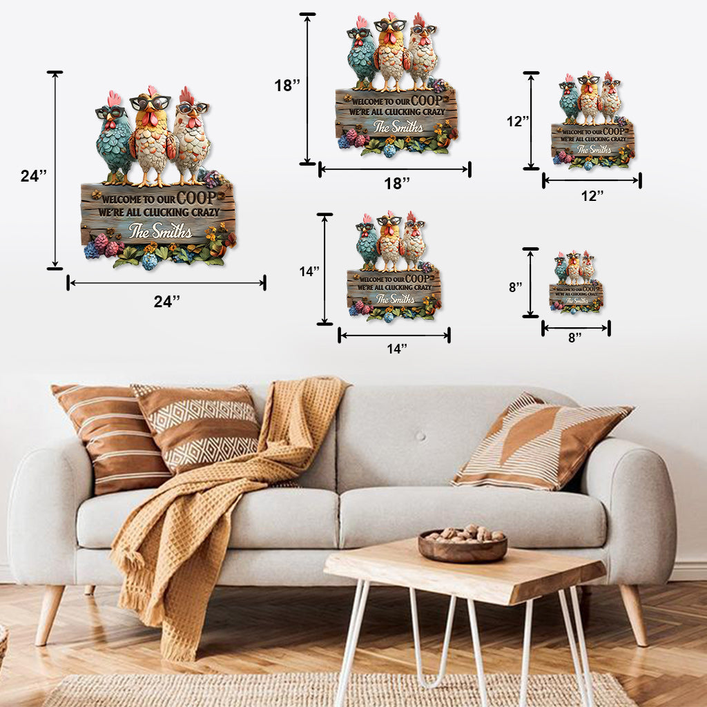 Willkommen in unserem Hühnerstall – personalisiertes Metallschild mit Hühnermotiv
