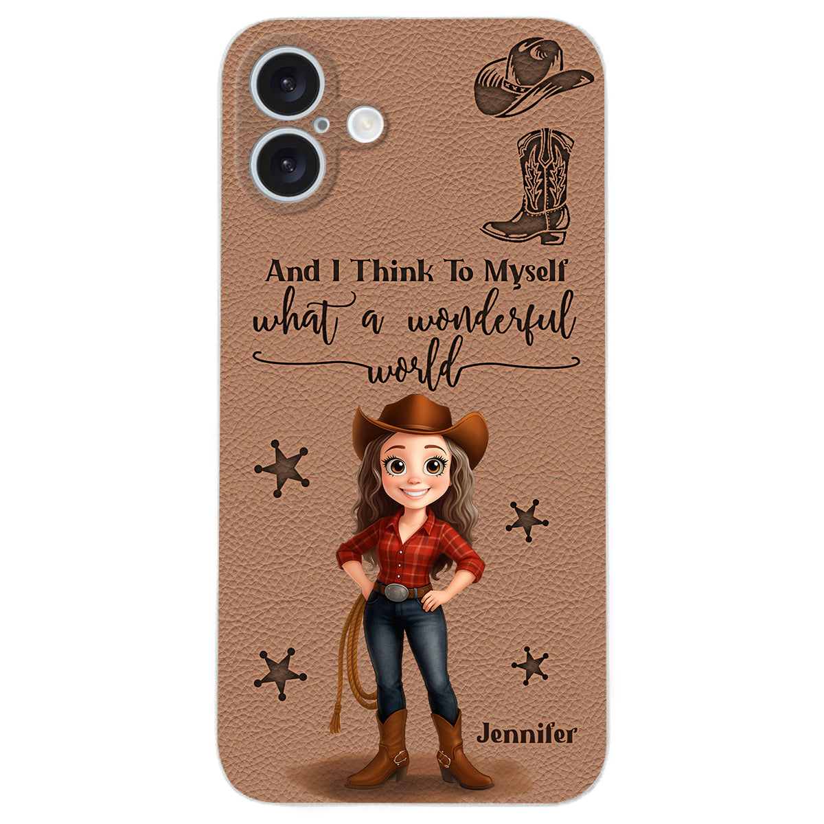 Cowgirl What A Wonderful World - Personalisierte Cowgirl-Handyhülle aus Leder