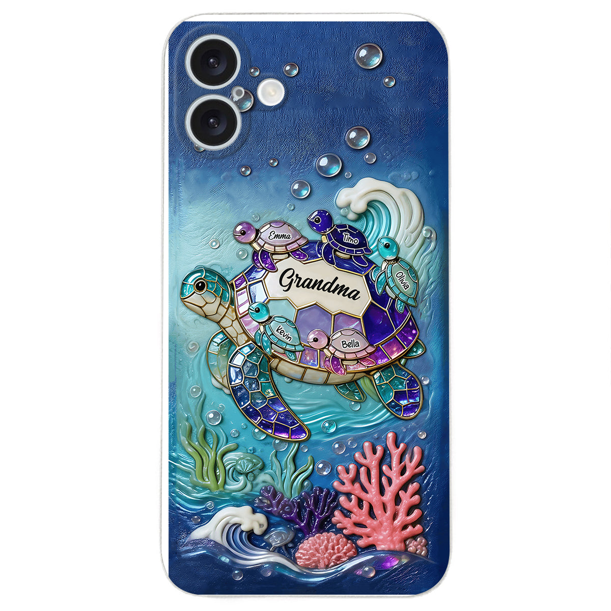 Grandma Turtle - Personalized Turtle 3D Embossed Leather Phone Case
