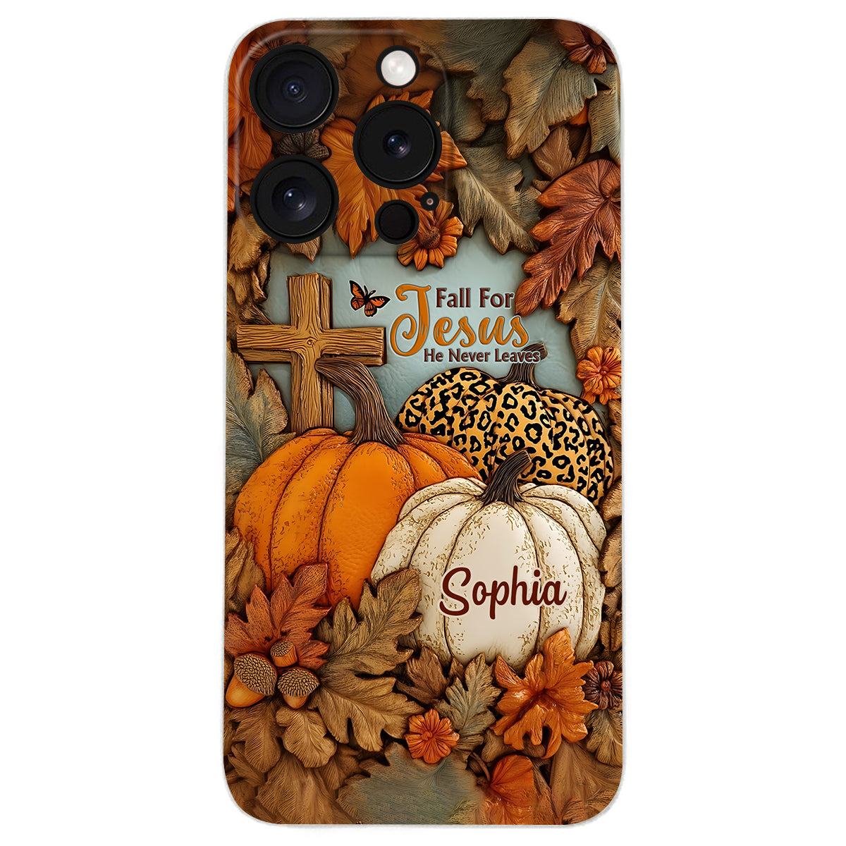 Fall for Jesus, He Never Leaves - Personalized Christian Leather Phone Case