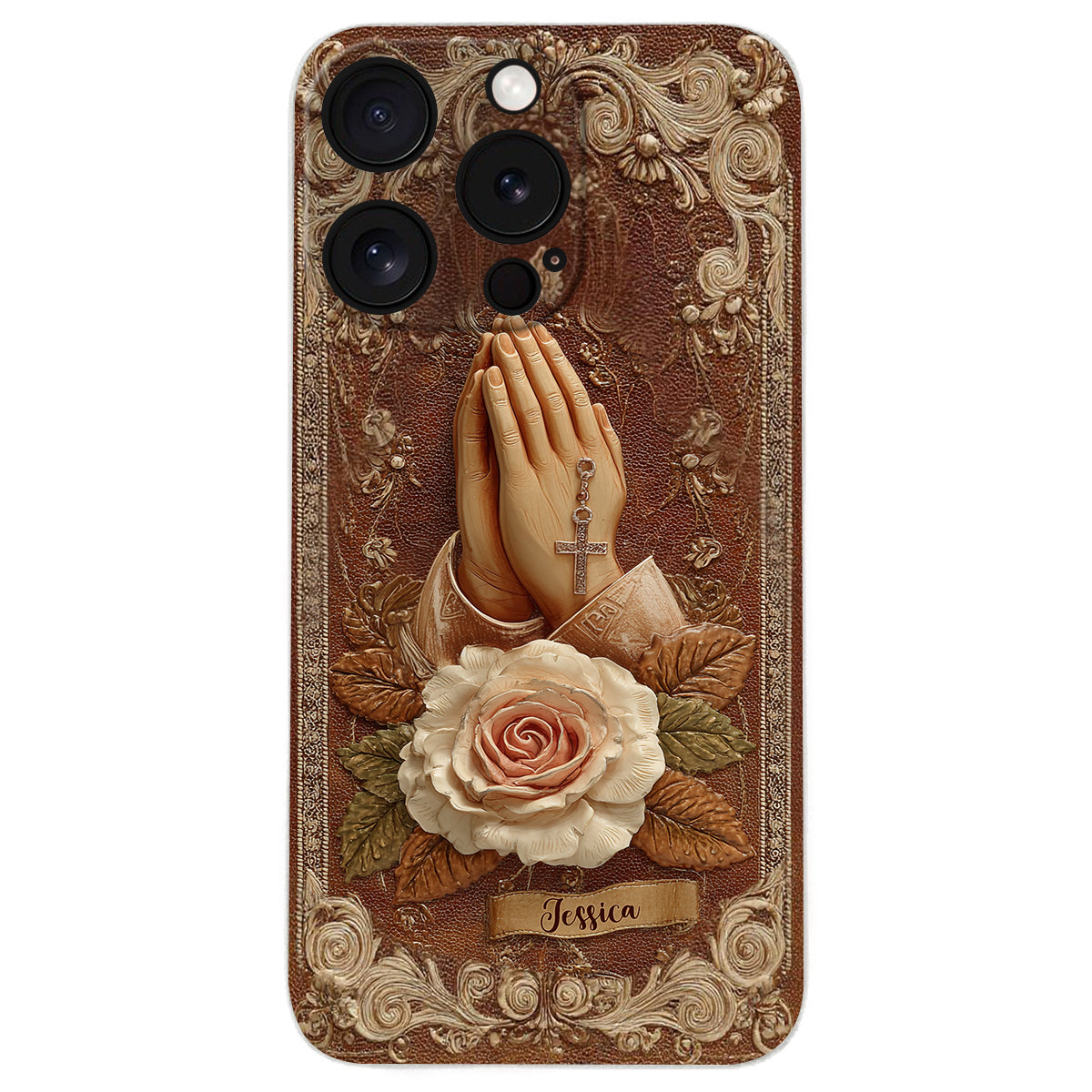 Betende Hände mit Rosen – Personalisierte christliche Handyhülle aus Leder