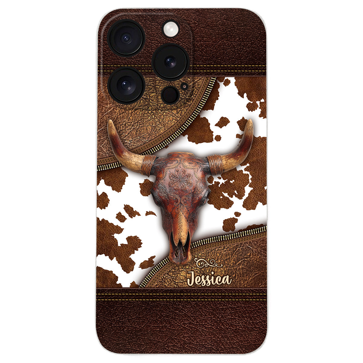 Skeleton Bull Skull - Personalized Western Leather Phone Case