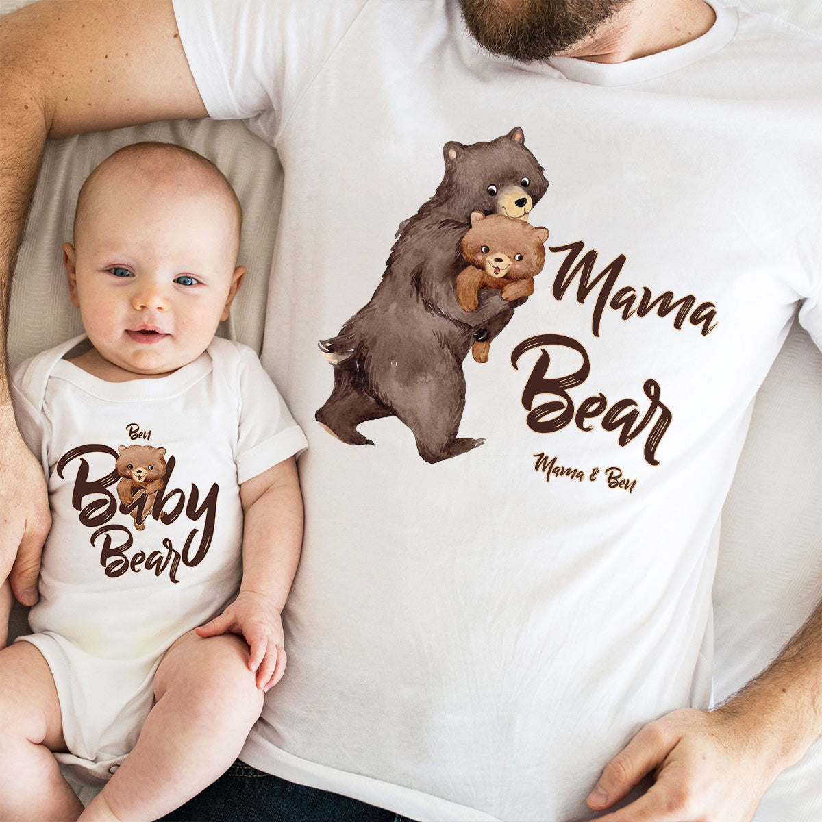 Papa Bear Baby Bear - Personalized Father T-shirt And Baby Onesie