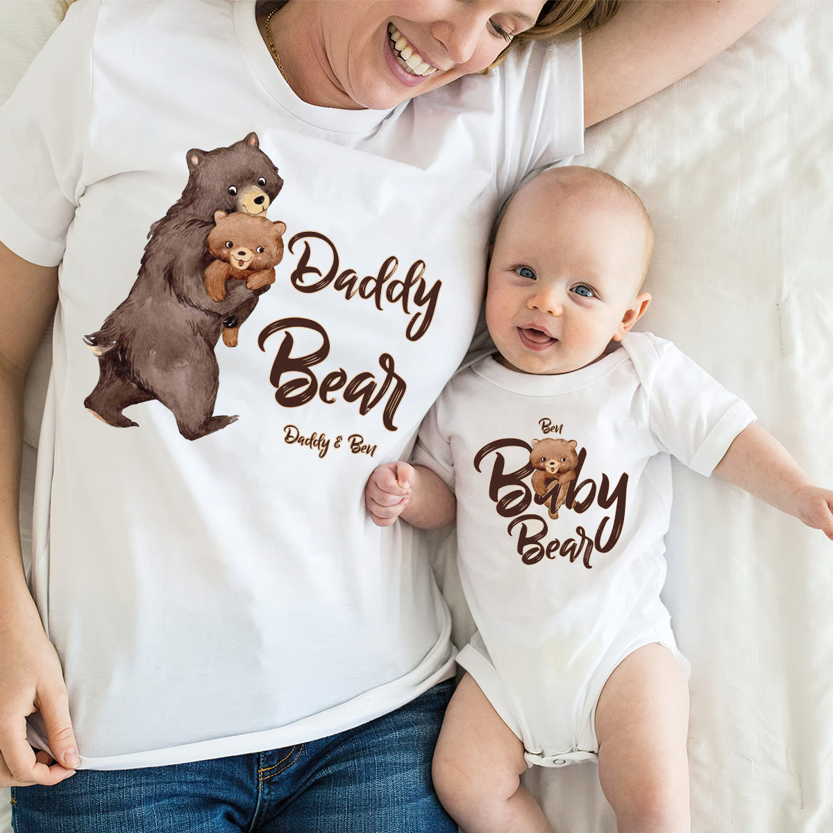 Papa Bear Baby Bear - Personalized Father T-shirt And Baby Onesie