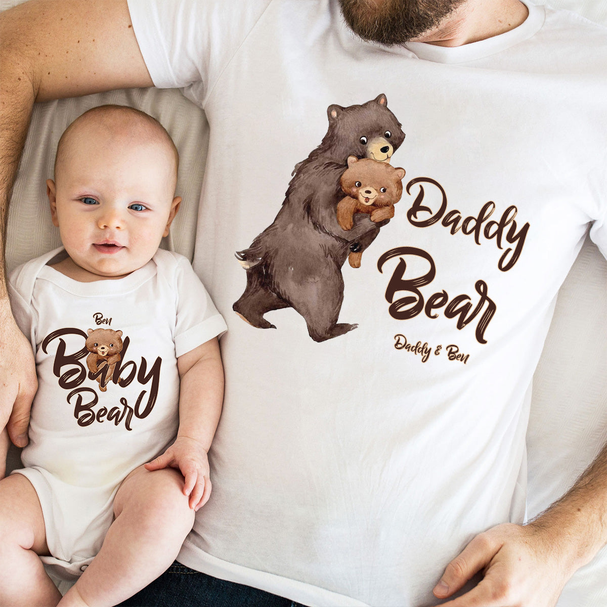 Papa Bear Baby Bear - Personalized Father T-shirt And Baby Onesie